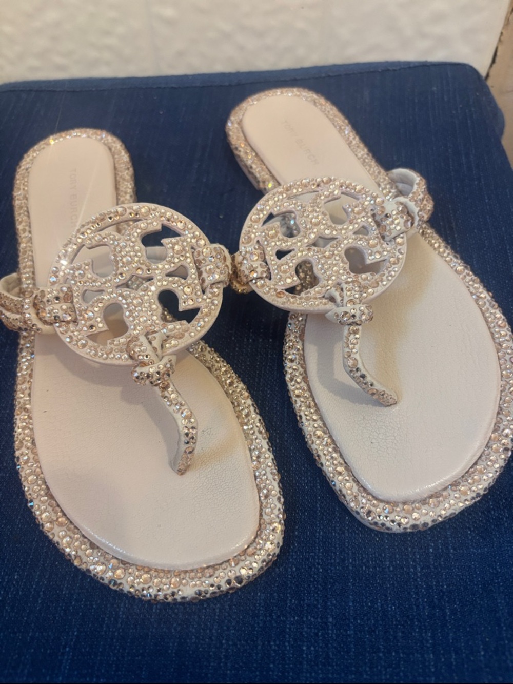 Tory Burch Crystal-Embellished Ivory Thong Sandals